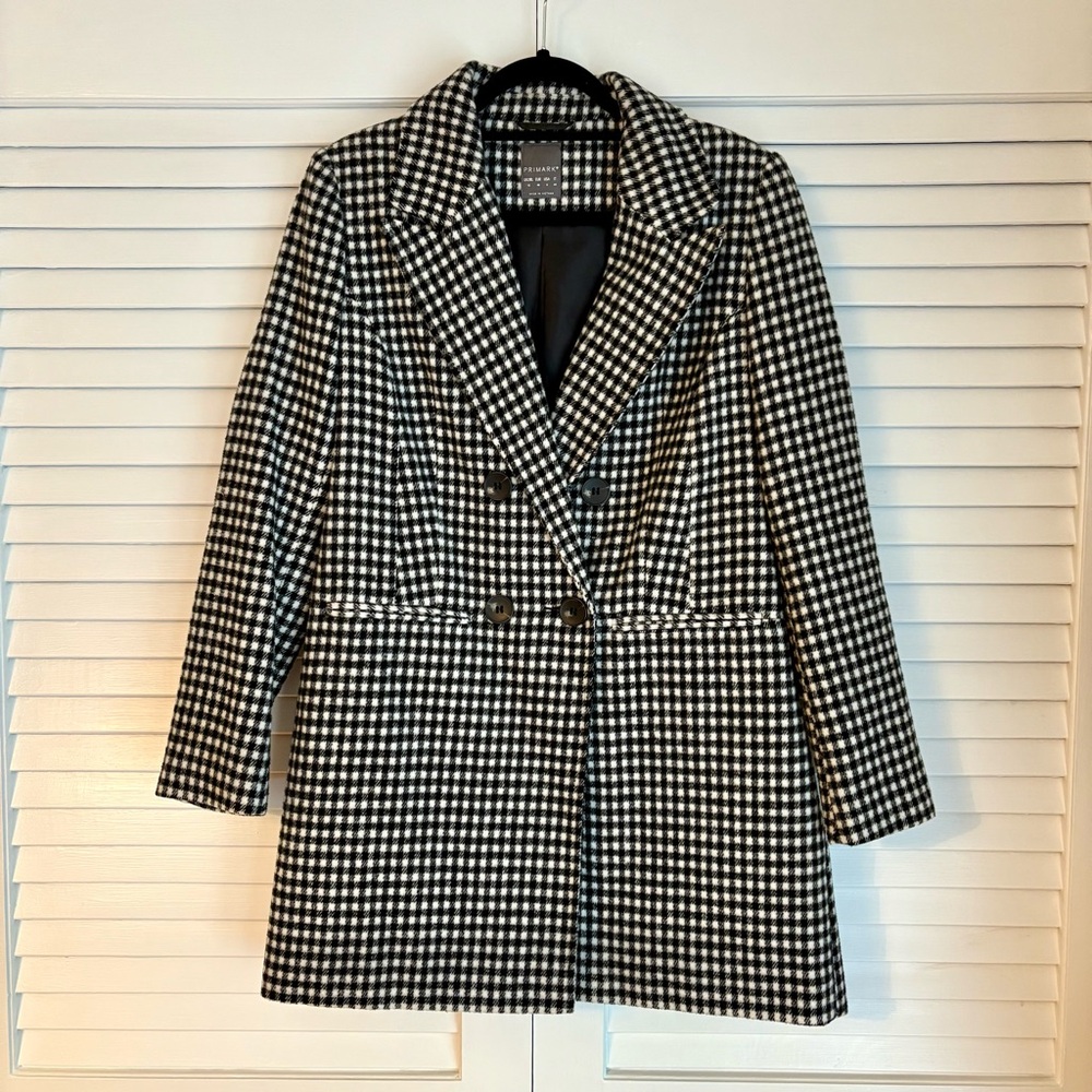 Primark Women's Black and White Checkered Plaid Coat